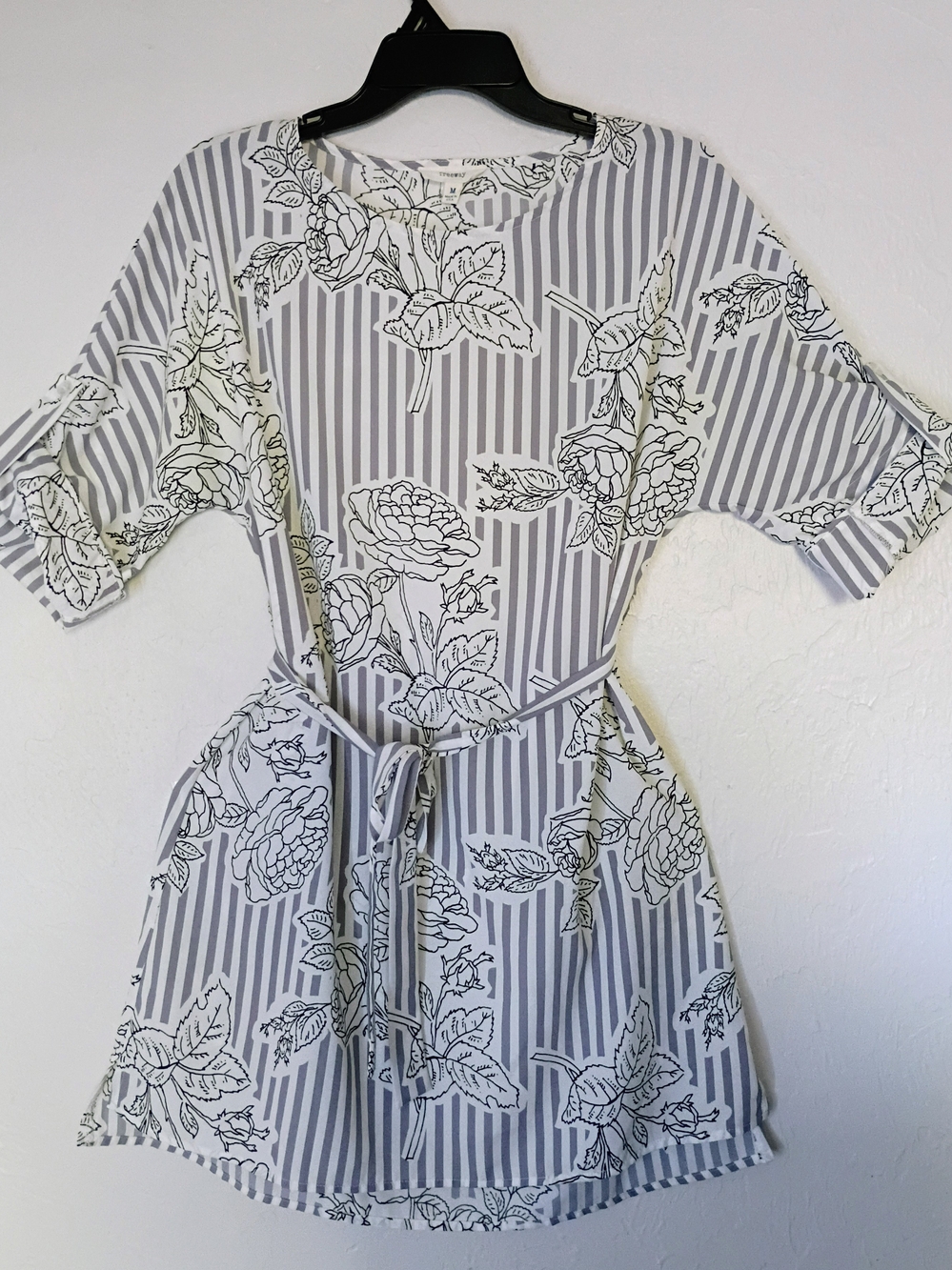 Freeway Gray and White Striped Floral Belted Mini Dress